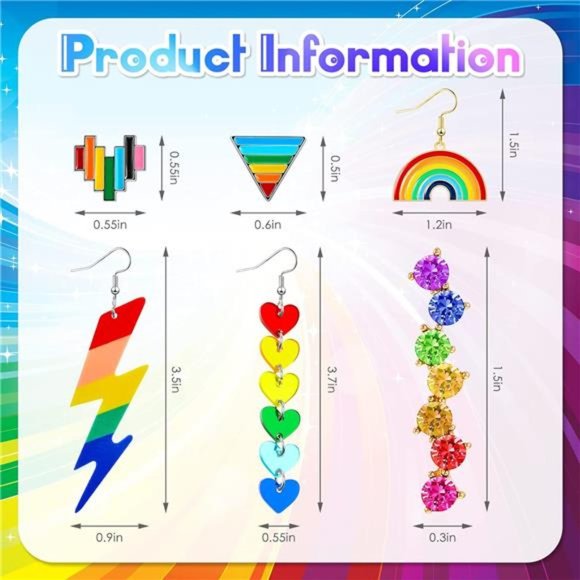 6 Pairs Rainbow Earrings Pride |  Rainbow Drop Earrings for Women - Picture 8 of 8